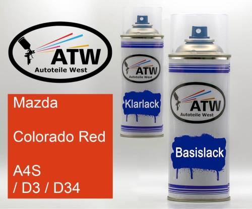 Mazda, Colorado Red, A4S / D3 / D34: 400ml Sprühdose + 400ml Klarlack - Set, von ATW Autoteile West.